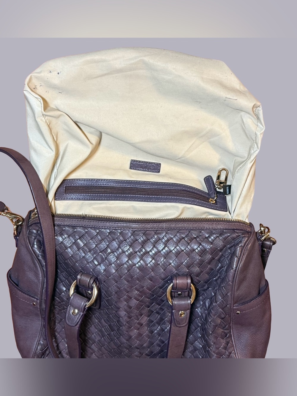 Cole Haan Heritage Jade Woven Leather Satchel Crossbody Plum Purple - Picture 6 of 6